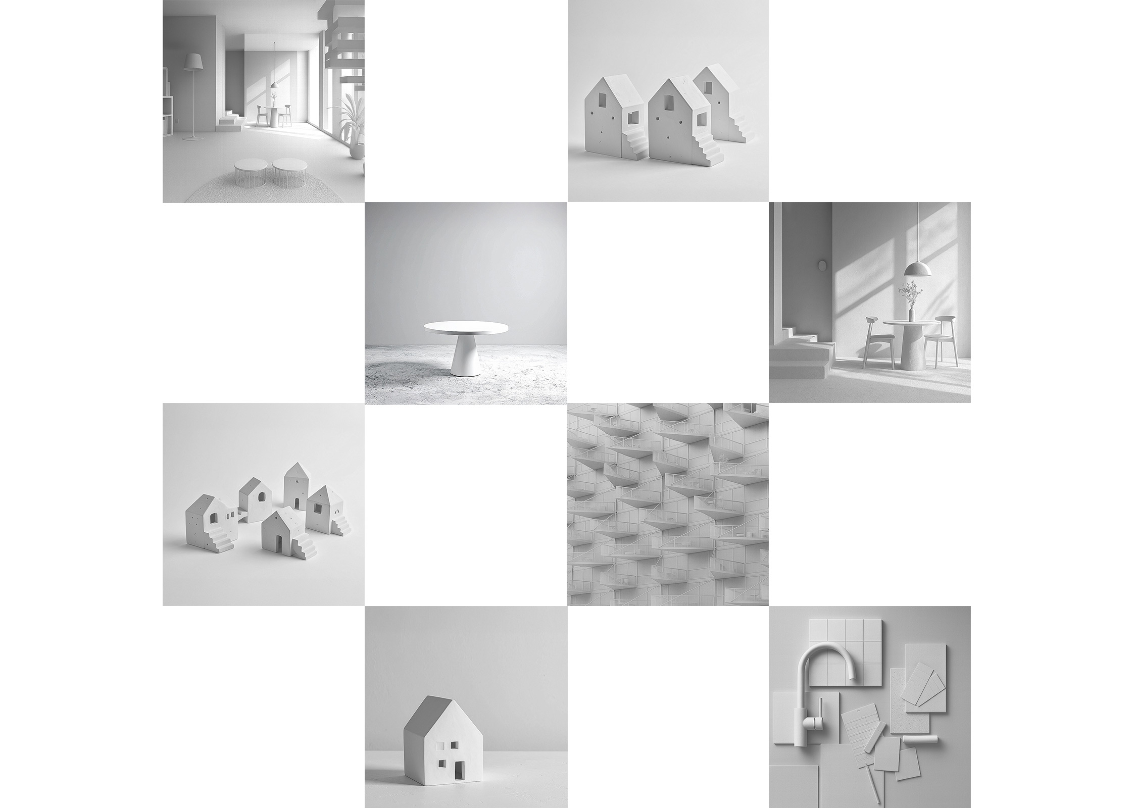 Grid layout of minimalist architectural studies and product prototypes in monochrome — portfolio composition by TOMA Studio.