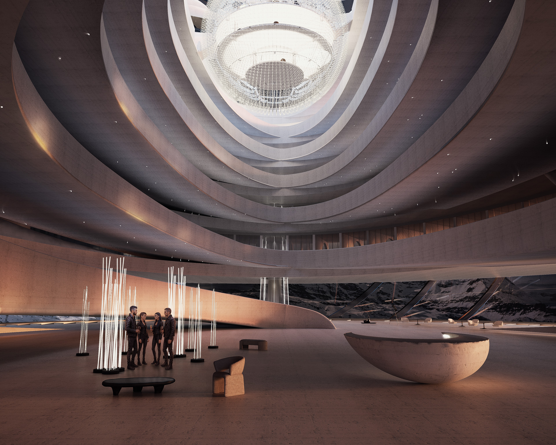 Evening atmosphere inside the Arctic Hub with glowing light columns, curved architecture, and visitors gathering under the central atrium — visualization by TOMA Studio.