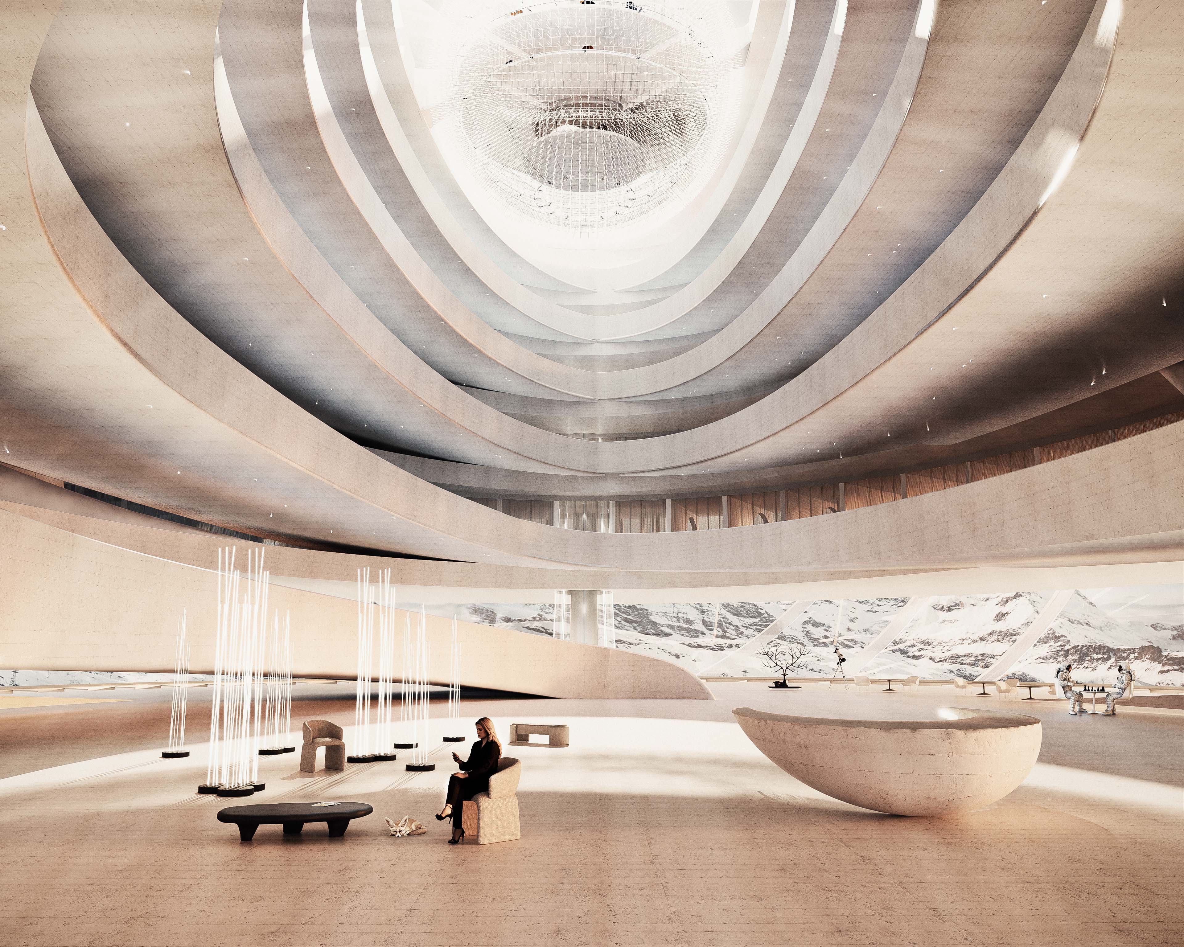 Futuristic interior of the Arctic Hub bathed in daylight, with sculptural forms, warm materials, and mountain landscape outside — visualization by TOMA Studio.