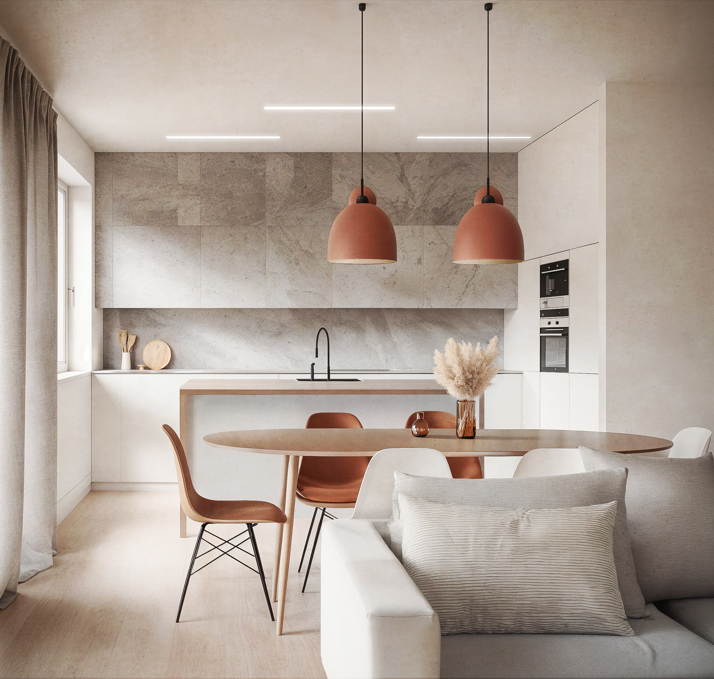 Weiche beigefarbene Küche mit Essbereich, Terrakotta-Lampen und natürlichen Texturen — Interior-Visualisierung von TOMA Studio.