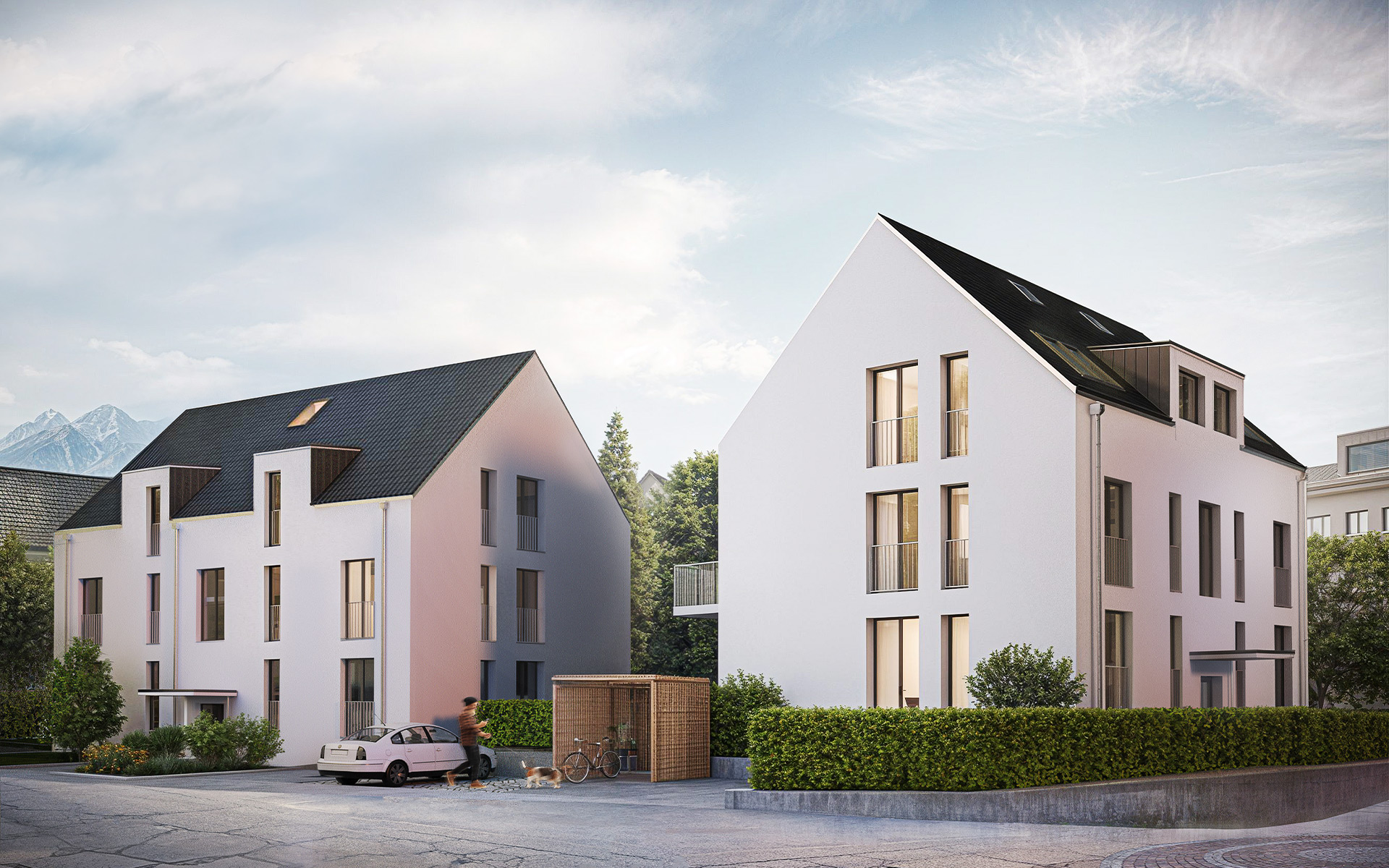 Daytime visualization of two modern residential houses with pitched roofs and soft natural light — architecture by TOMA Studio.