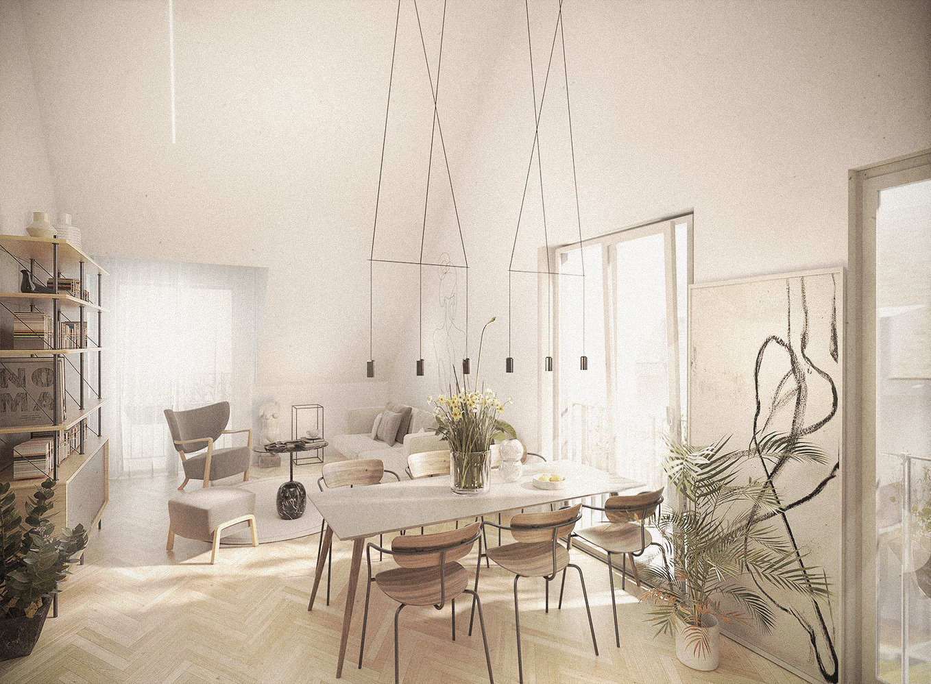 Scandinavian-inspired dining space — interior render by TOMA Studio