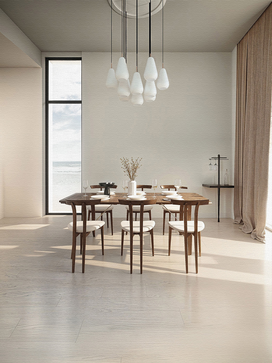 Dining area with pendant lights, wooden table, and soft natural daylight — interior rendering by TOMA Studio
