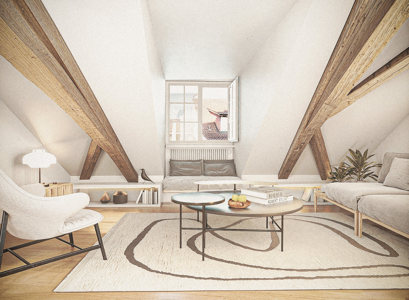 Attic living space — warm minimalist visualization by TOMA Studio