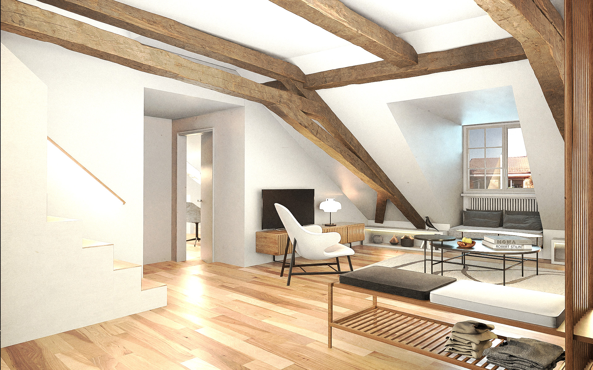 Attic living room with exposed wooden beams and bright natural light — 3D interior visualization by TOMA Studio