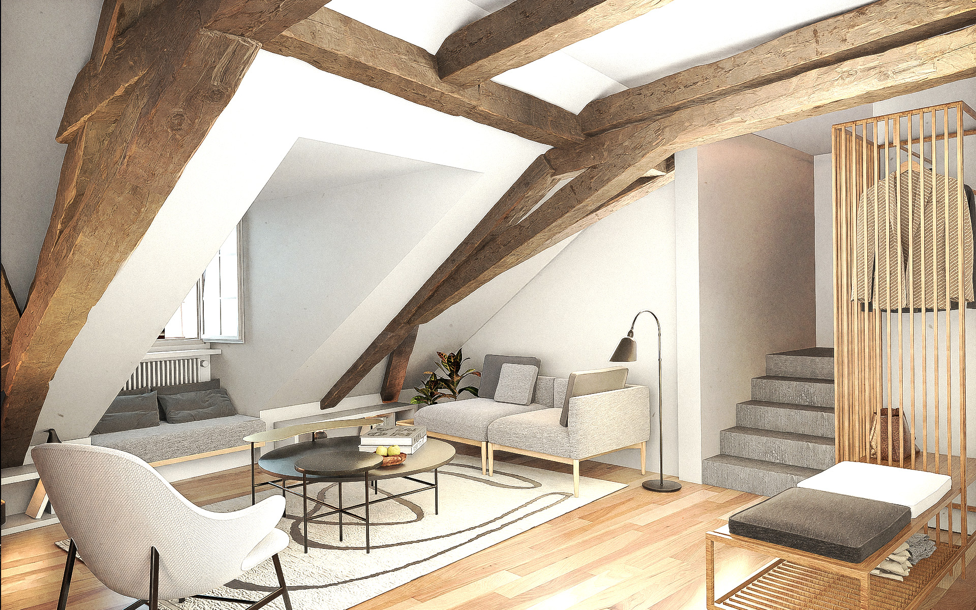 Attic living room with exposed wooden beams and bright natural light — 3D interior visualization by TOMA Studio