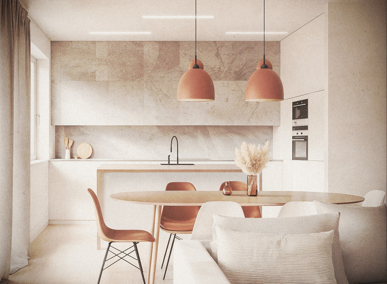 Warm kitchen interior — natural tones visualization by TOMA Studio