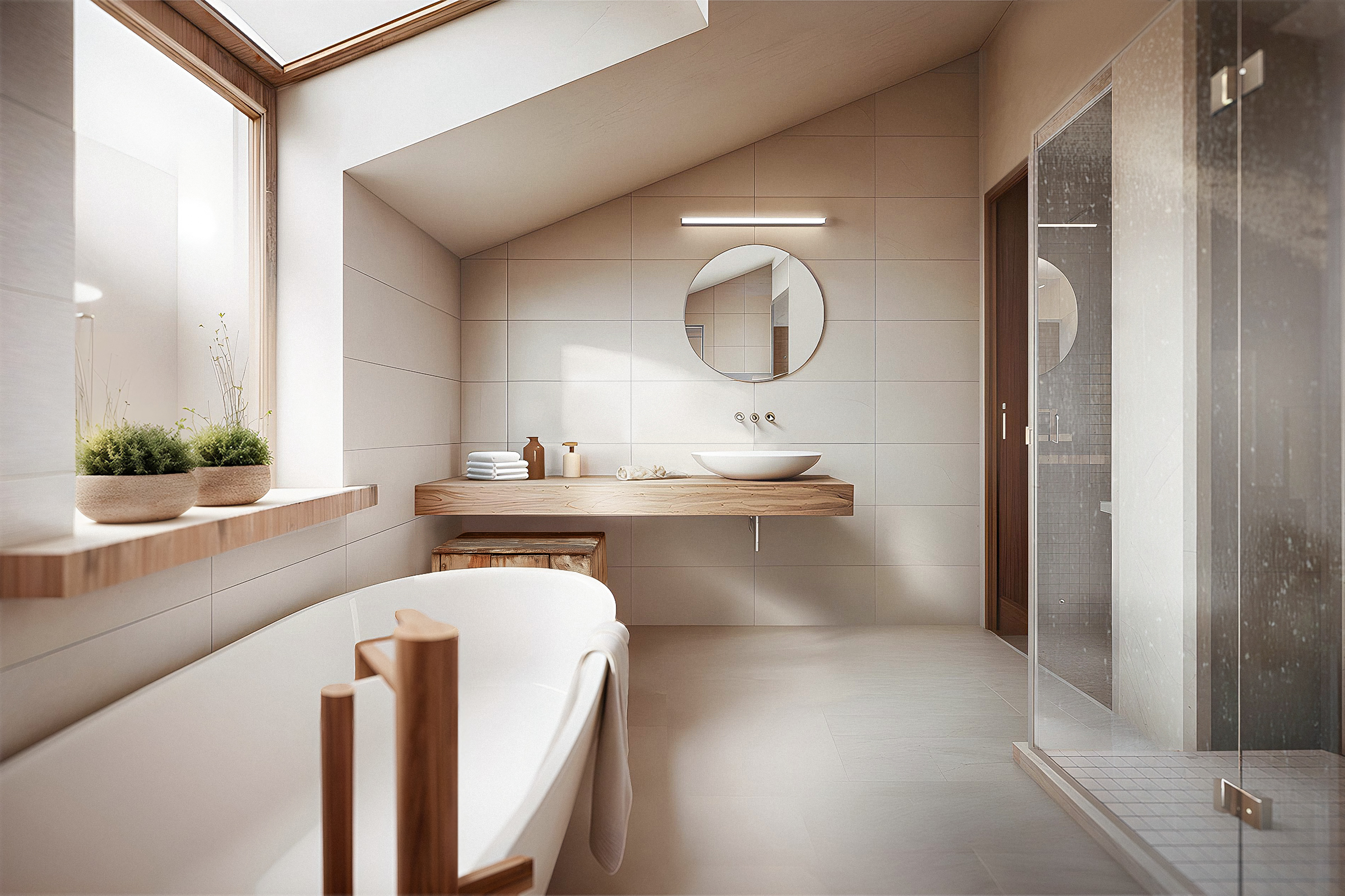 Scandinavian-style bathroom with wooden details, bathtub, and natural light — 3D interior visualization by TOMA Studio.