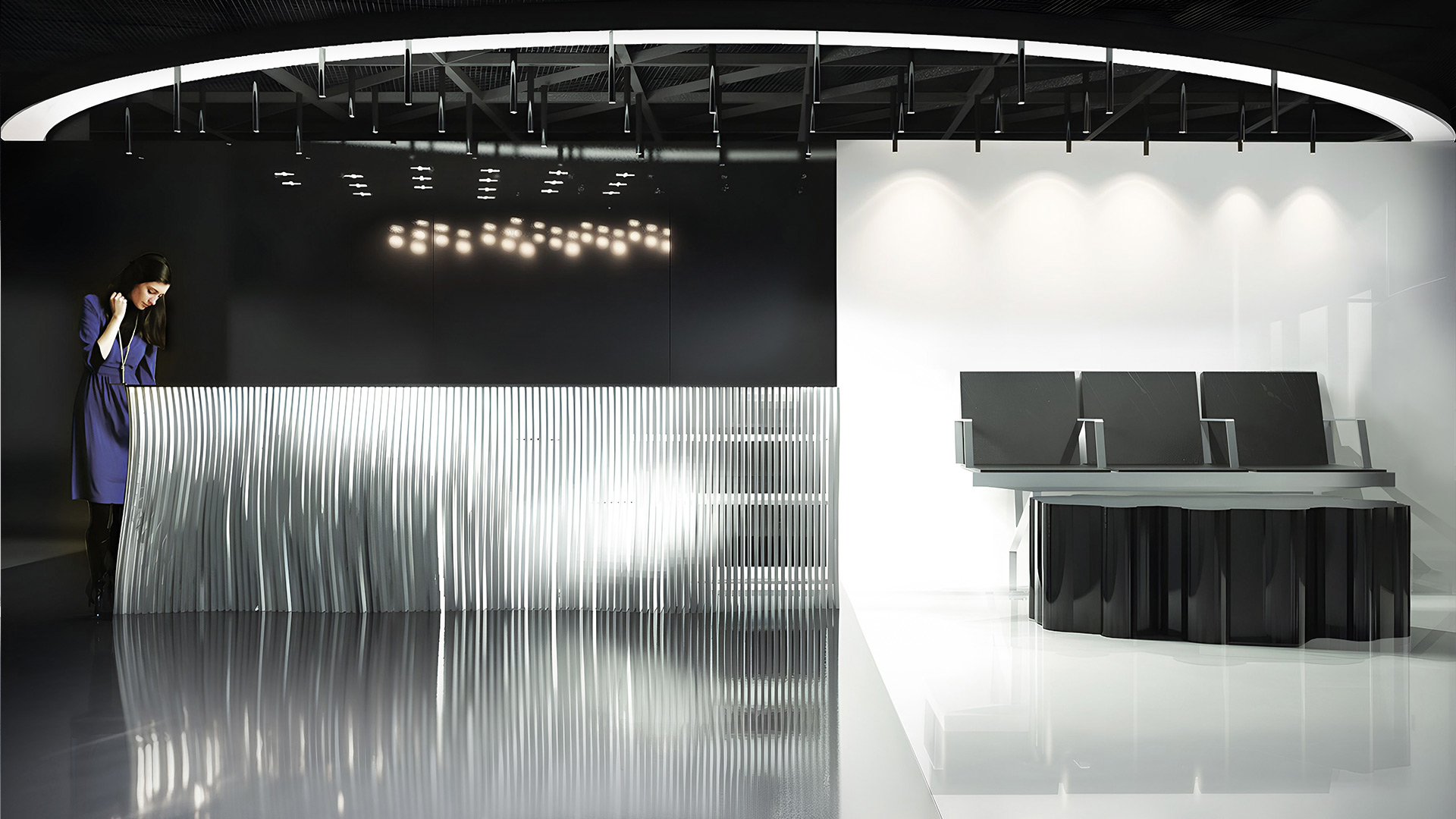 Reception area with sculptural counter and monochrome color palette — public interior visualization by TOMA Studio.