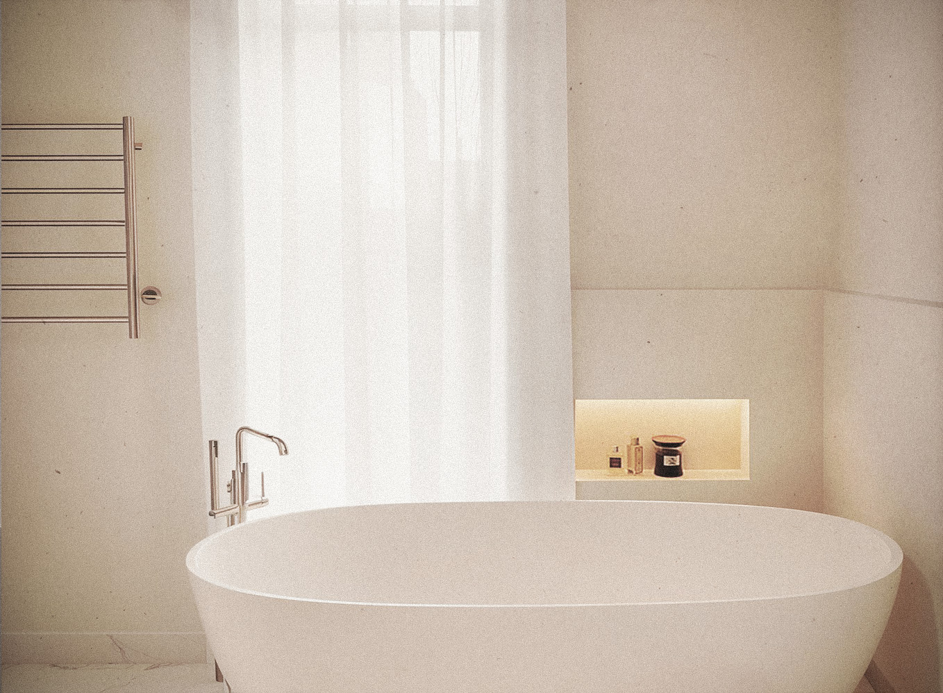 Minimal bathroom interior — soft light visualization by TOMA Studio
