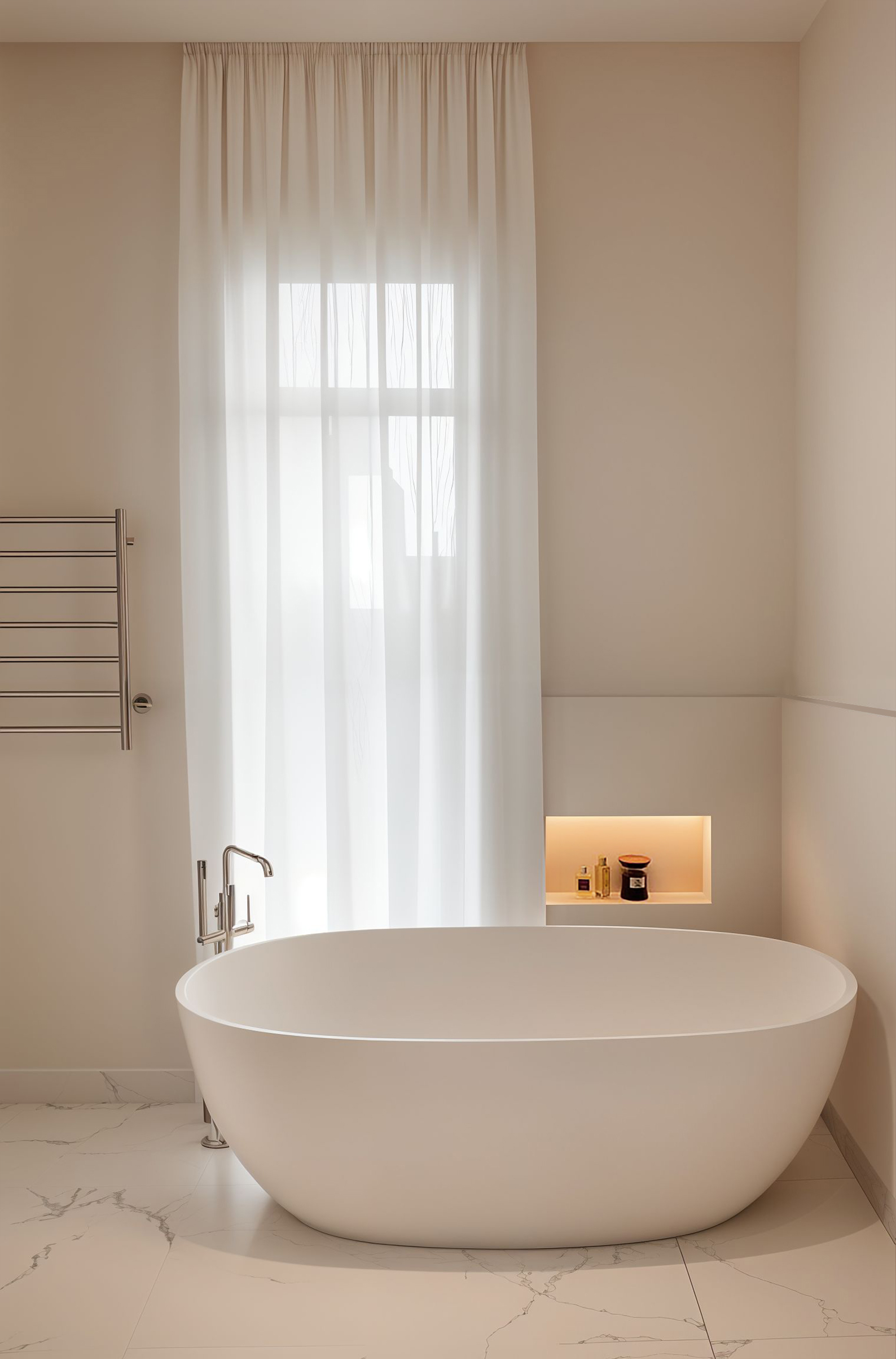 Minimal beige bathroom with freestanding bathtub, soft daylight, and sheer curtains — interior photography by TOMA Studio.