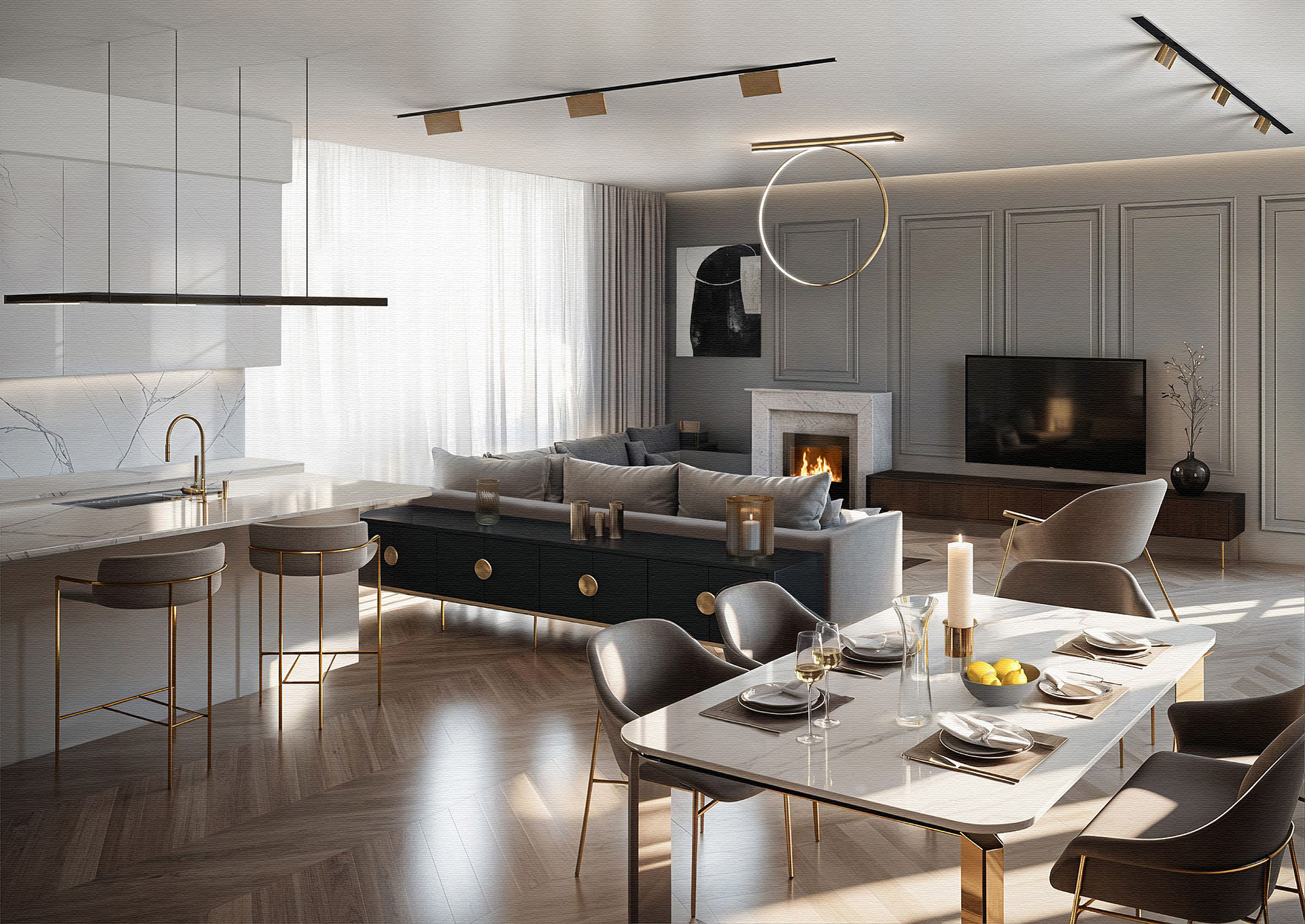 Modern living and dining area with marble surfaces, brass accents, and grey tones — interior visualization by TOMA Studio.