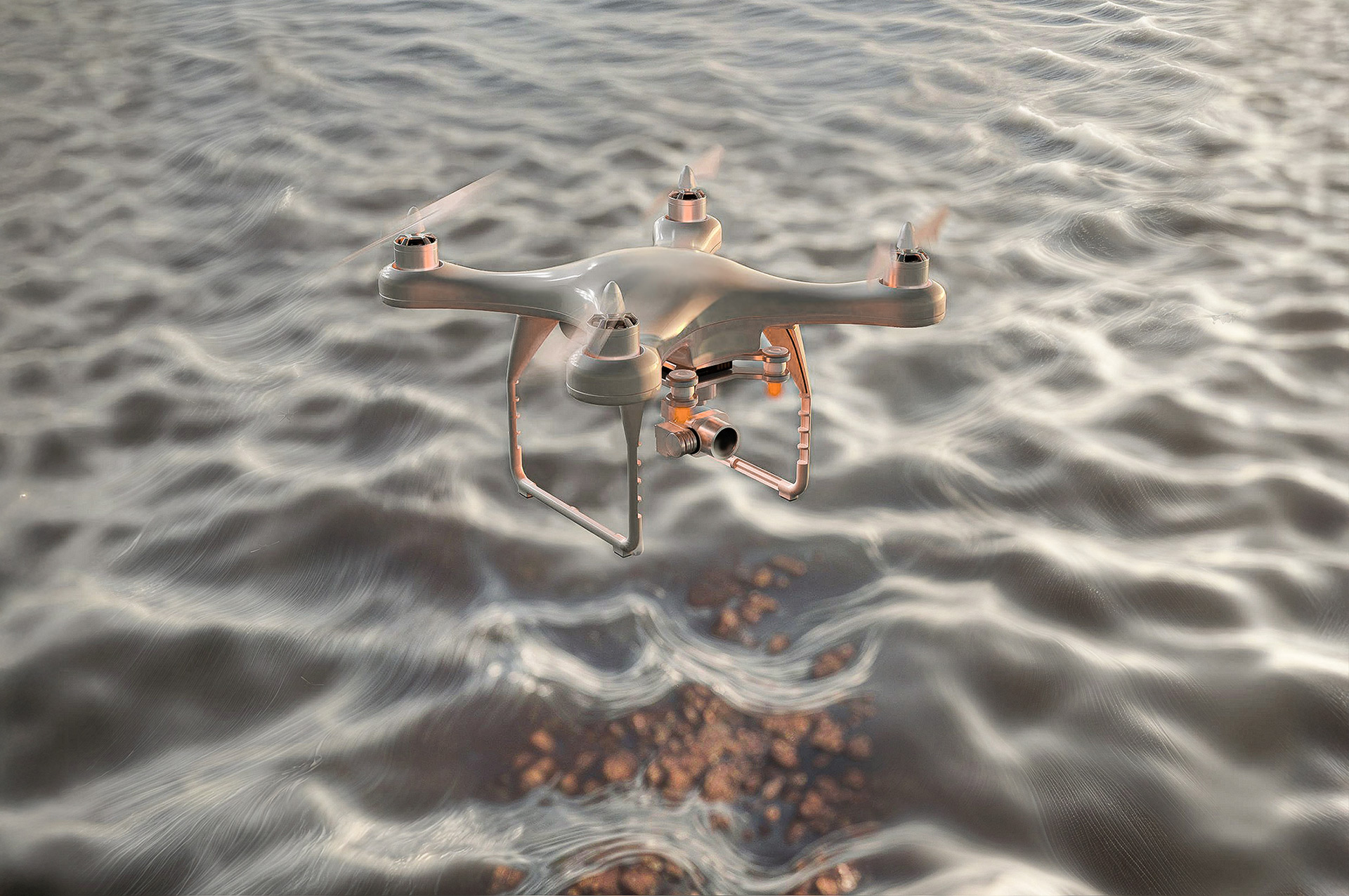 Drone hovering above water surface with reflected sunlight — product visualization by TOMA Studio.
