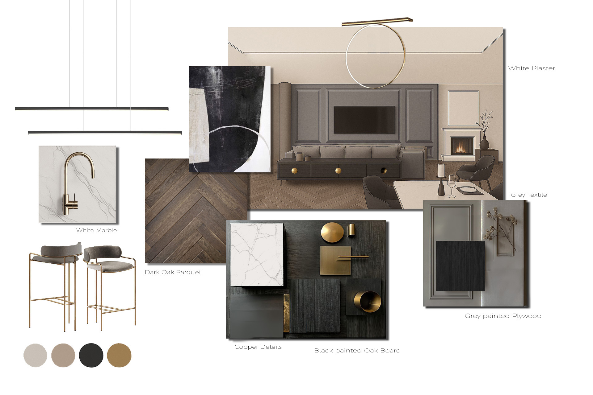 Material board showing marble, oak, brass, and textile elements — interior design concept by TOMA Studio.