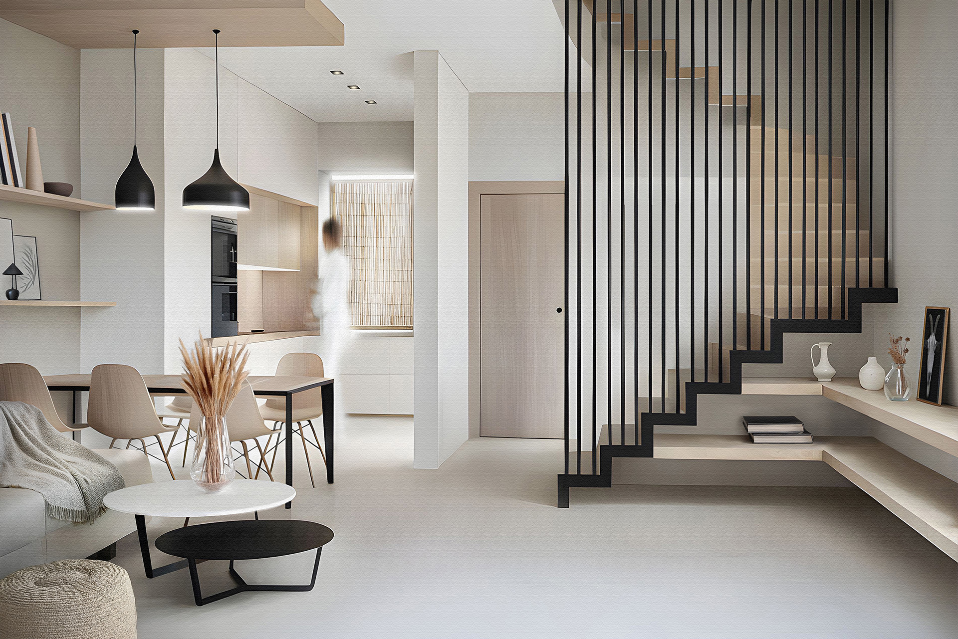 Contemporary living room with black railing staircase and beige tones — interior rendering by TOMA Studio.