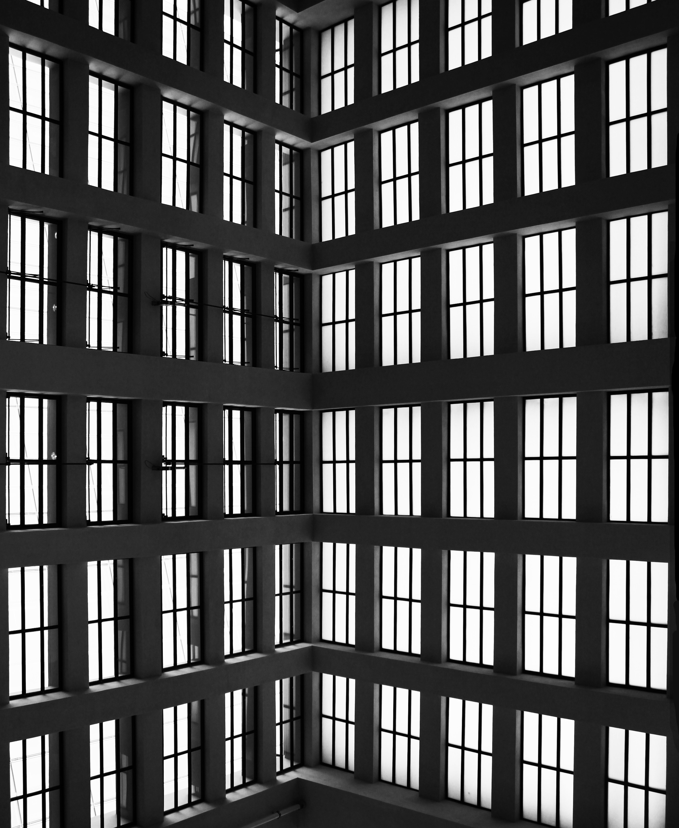 Geometric rhythm of tall vertical windows inside a modern atrium — architectural photography by TOMA Studio.