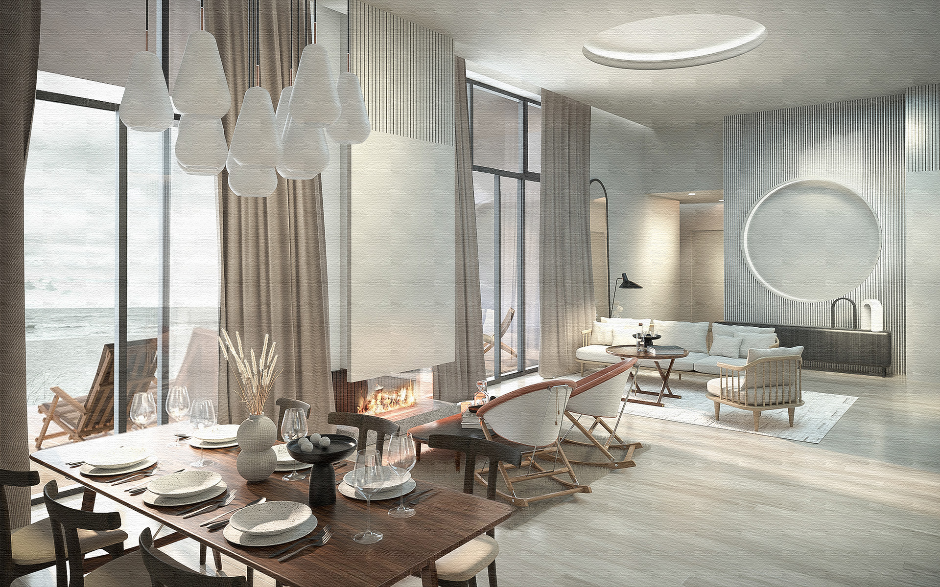 Open-plan living and dining area with natural textures and seaside view — interior design by TOMA Studio.