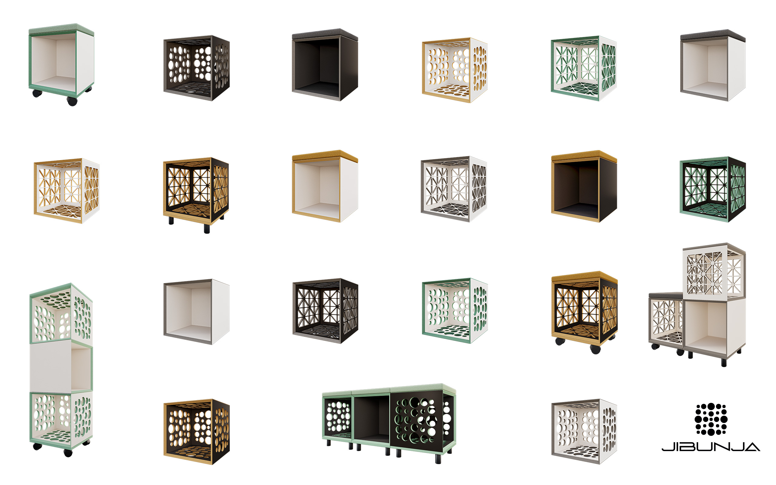 Modular furniture cube system with decorative perforated panels — JIBUNJA design visualization by TOMA Studio.