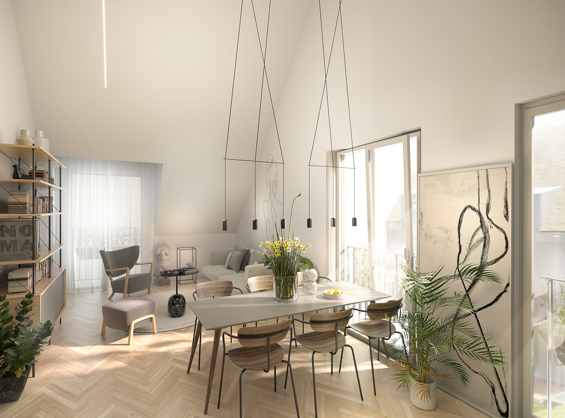 Heller Dachgeschoss-Essbereich mit natürlichem Licht und moderner Holzmöblierung — Visualisierung von TOMA Studio.