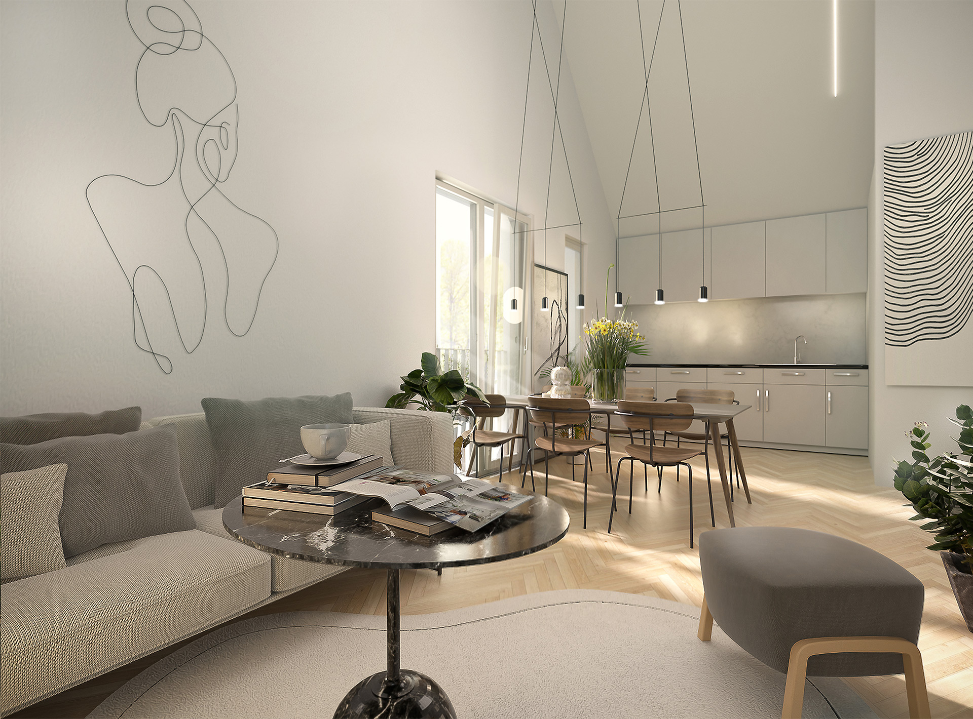 Skandinavisch inspirierter Wohnraum mit hoher Decke und Pendelleuchten — Interior-Rendering von TOMA Studio.