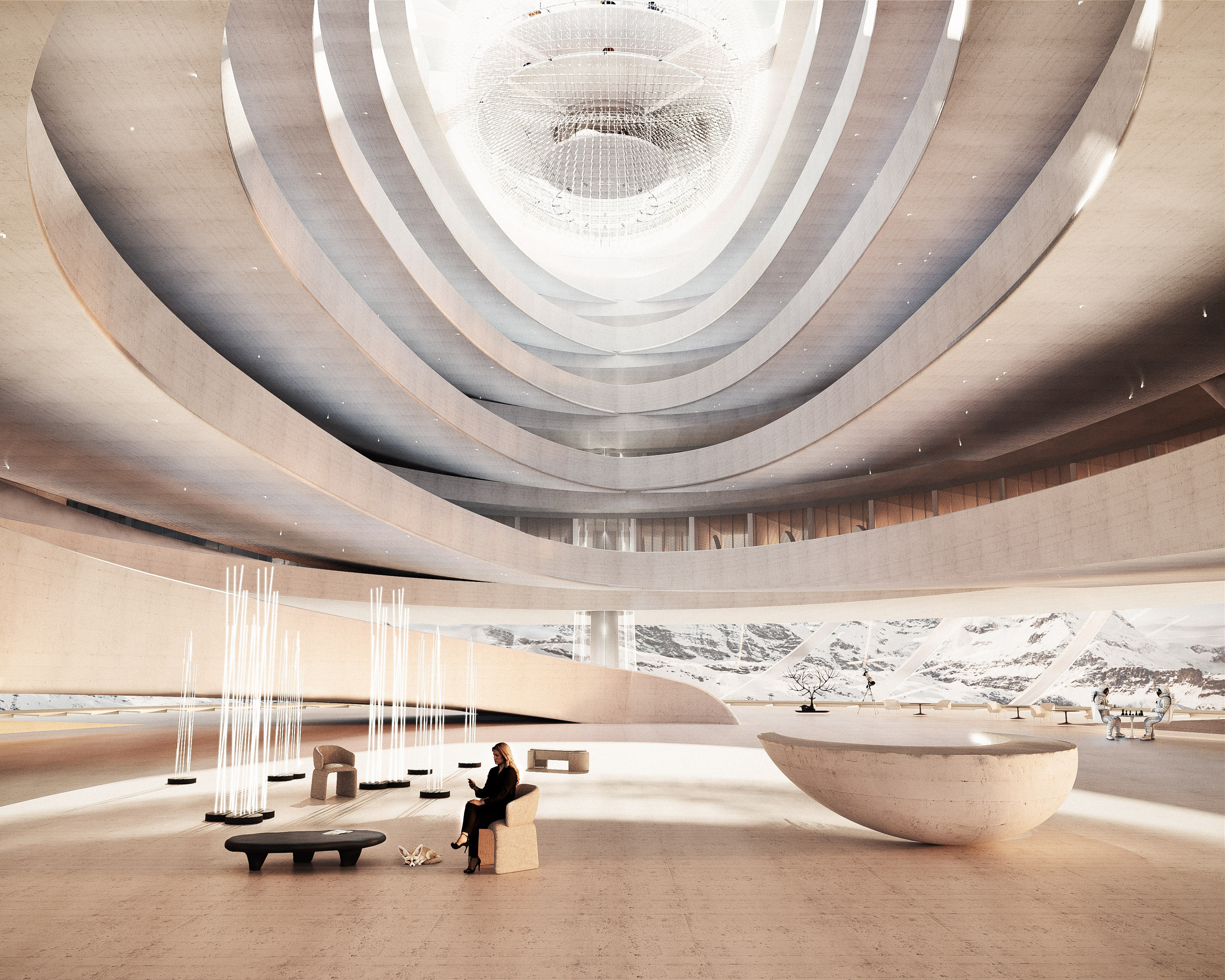 Daytime interior view of the Capsule Hub with central atrium and sculptural light installation — visualization by TOMA Studio.