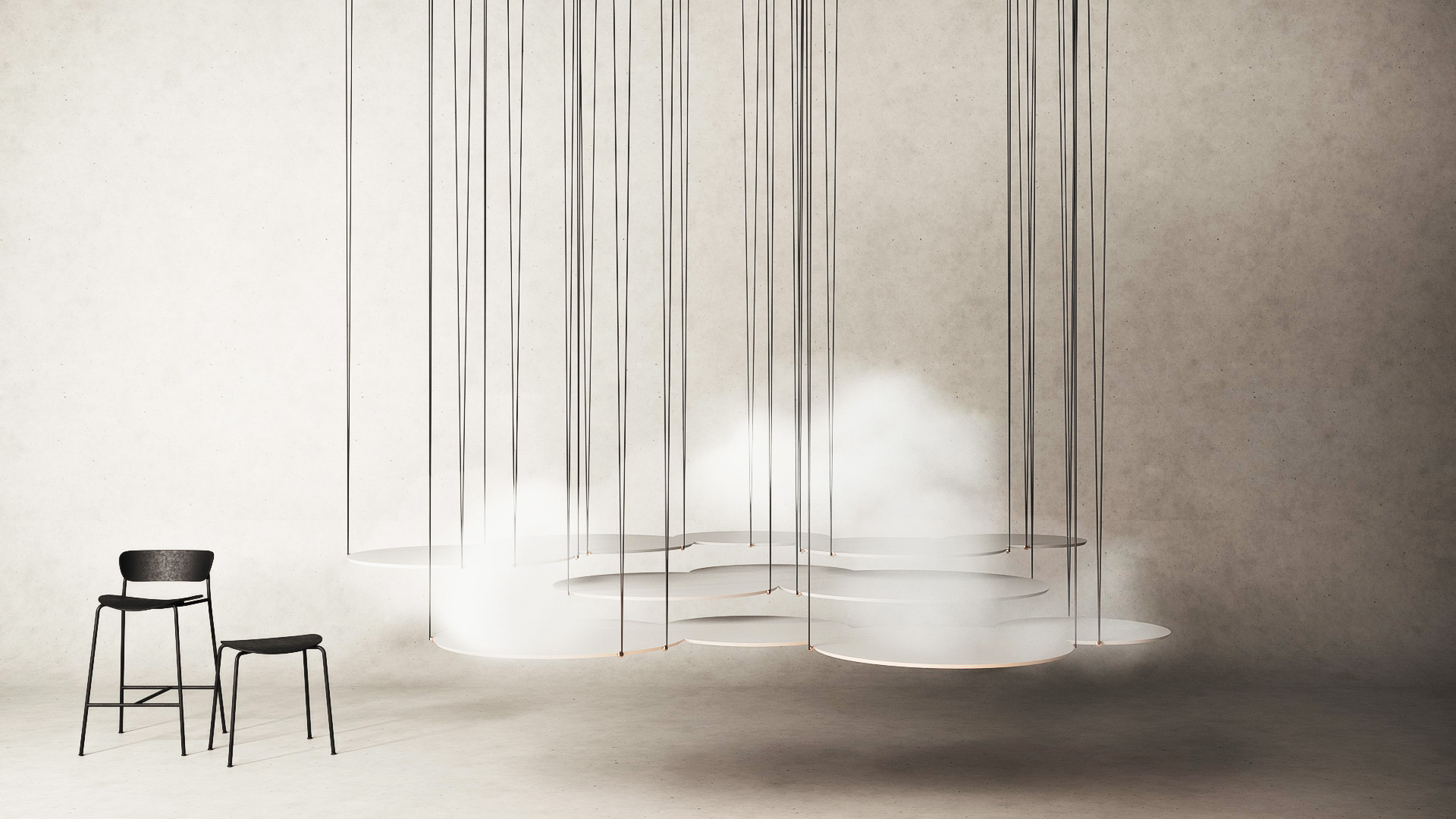 Minimal furniture installation with floating circular surfaces and fog effect — design visualization by TOMA Studio.