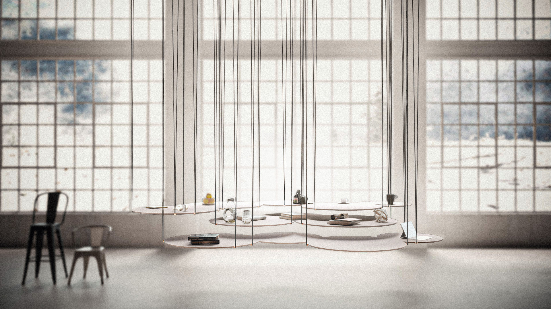 Suspended circular tables forming a sculptural workspace in soft daylight — furniture concept visualization by TOMA Studio.