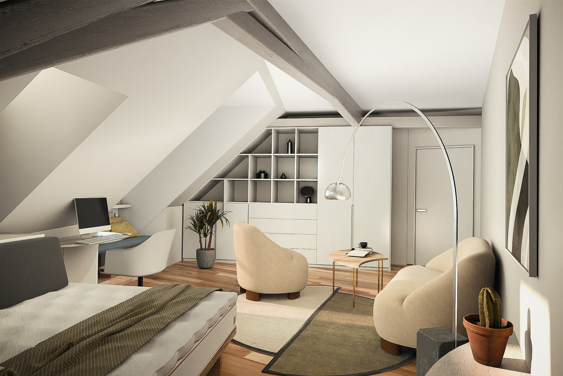 Bedroom and workspace in attic interior with soft neutral tones and curved armchairs — visualization by TOMA Studio.