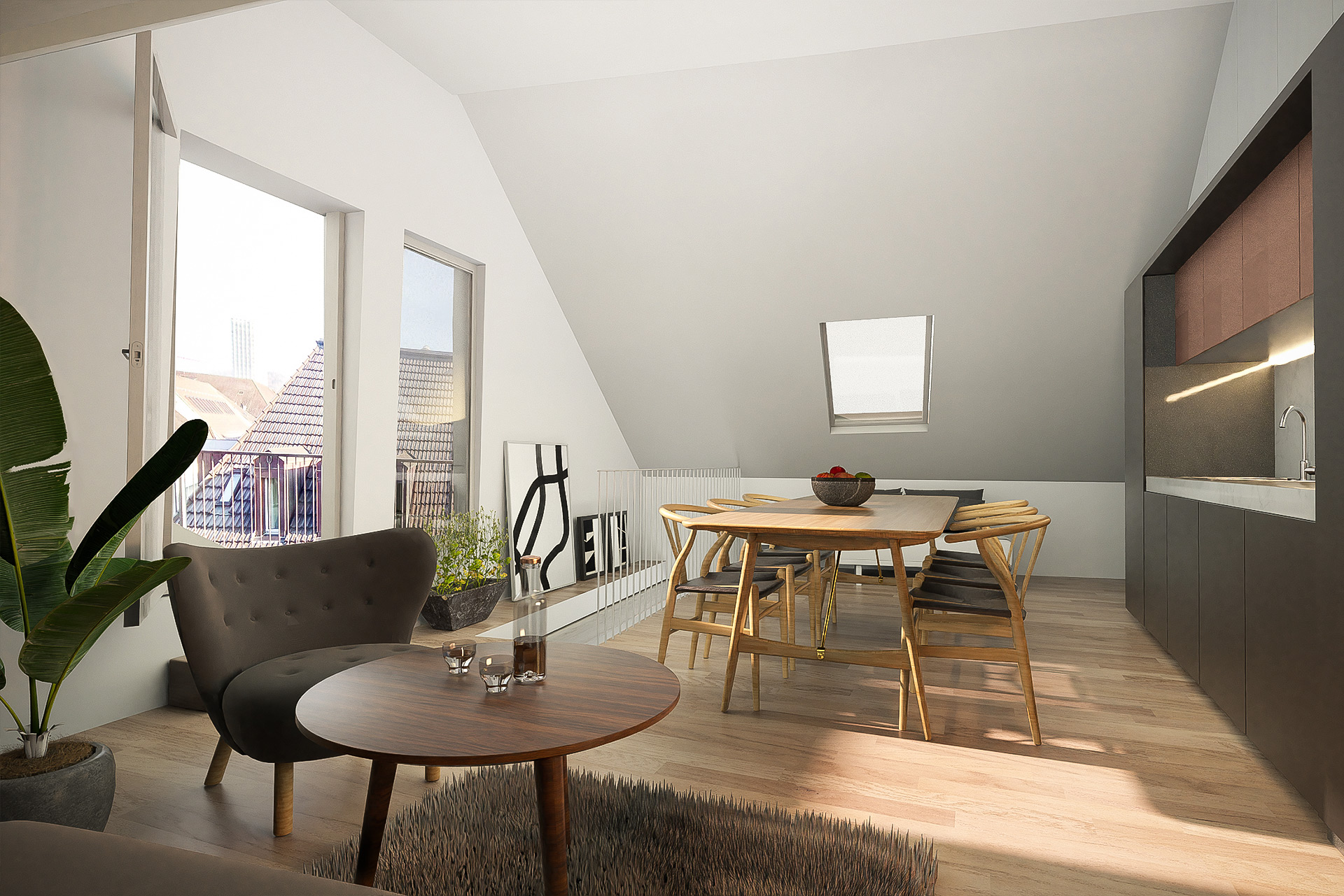 Open attic dining and living area with slanted ceilings and wooden furniture — 3D visualization by TOMA Studio.