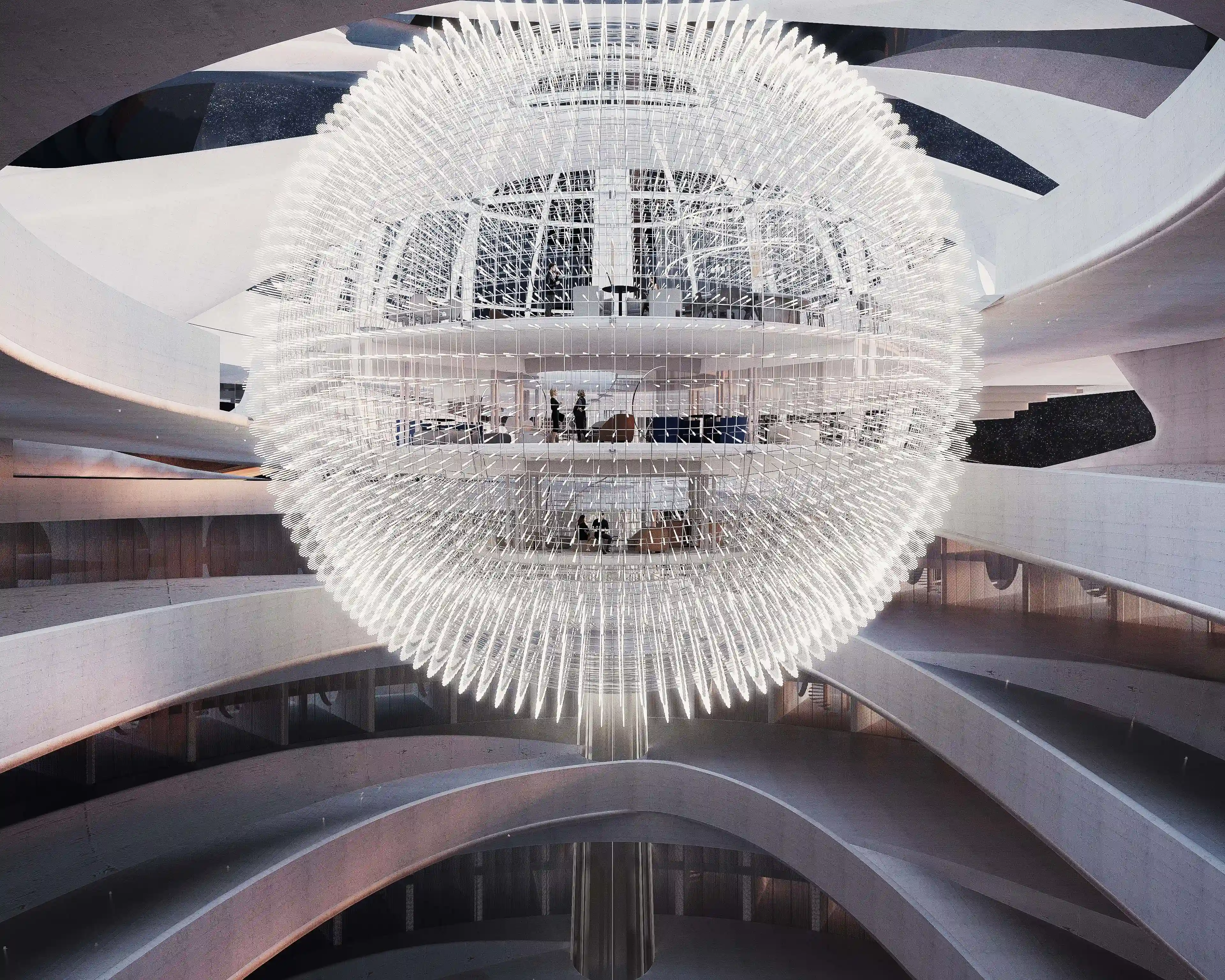 Futuristic Arctic Hub interior with glowing spherical structure — visualization by TOMA Studio.