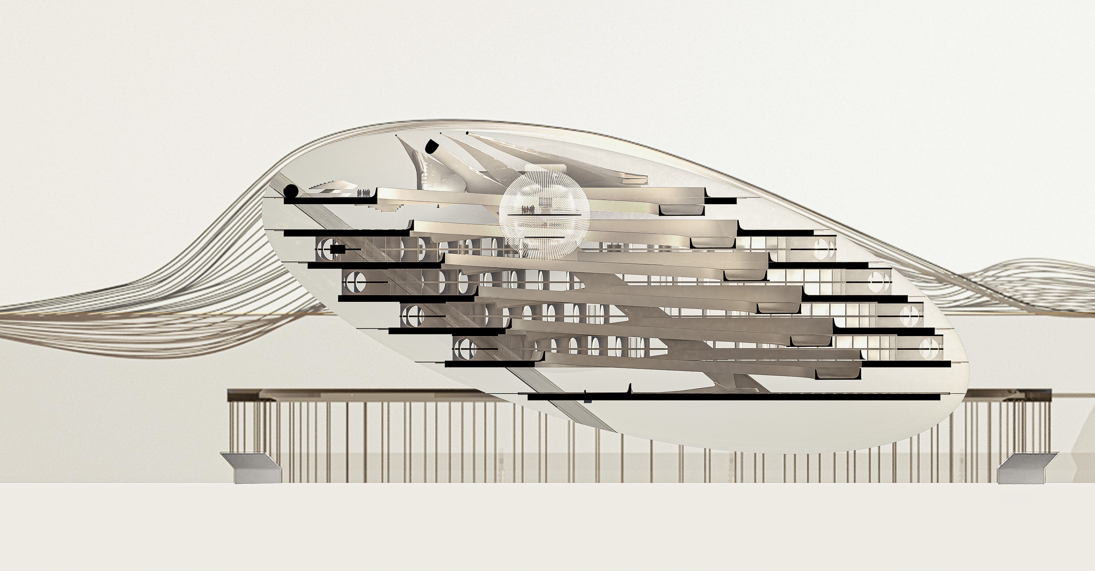 Parallel section drawing of the Arctic Hub — showcasing the inner structure and light-filled spherical core — architectural visualization by TOMA Studio.