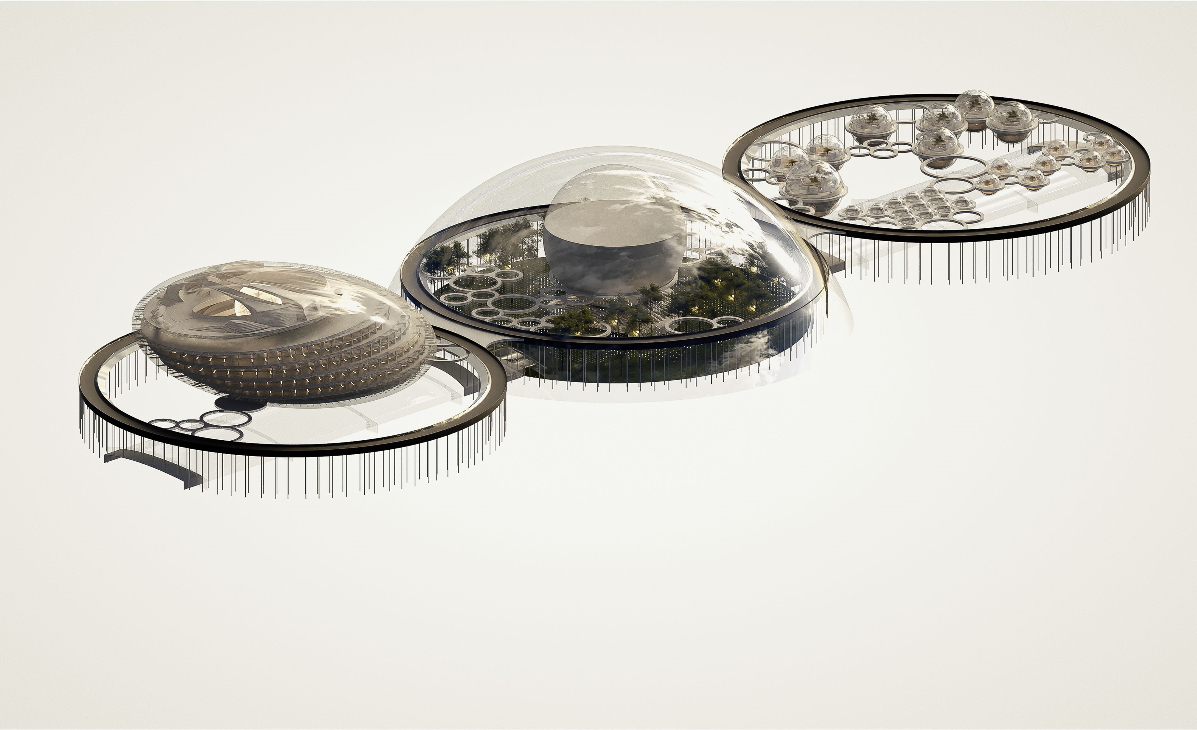 Axonometric visualization of futuristic hub complex with transparent domes and modular circular structures — architectural concept by TOMA Studio.