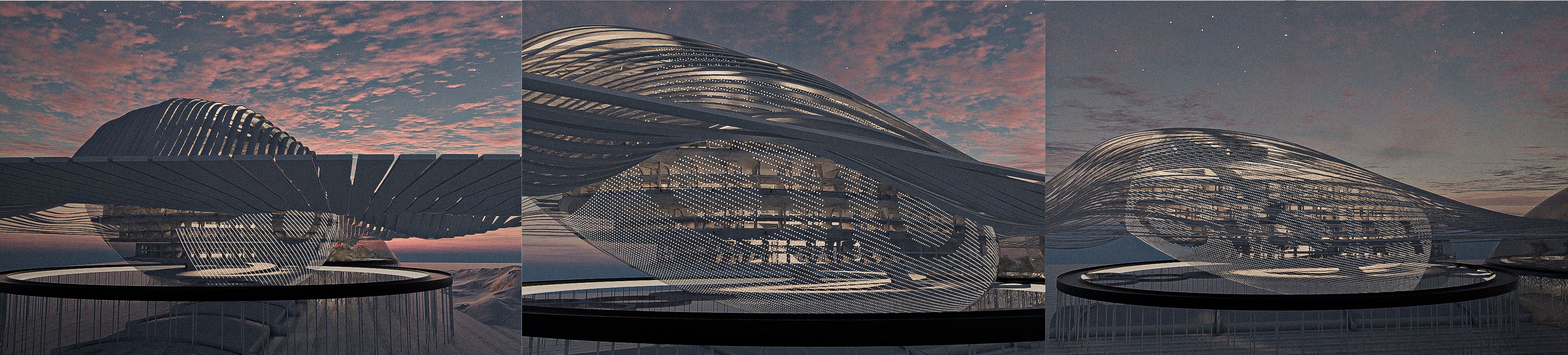 Exterior night view of futuristic architectural structure with flowing skin layers — conceptual rendering by TOMA Studio