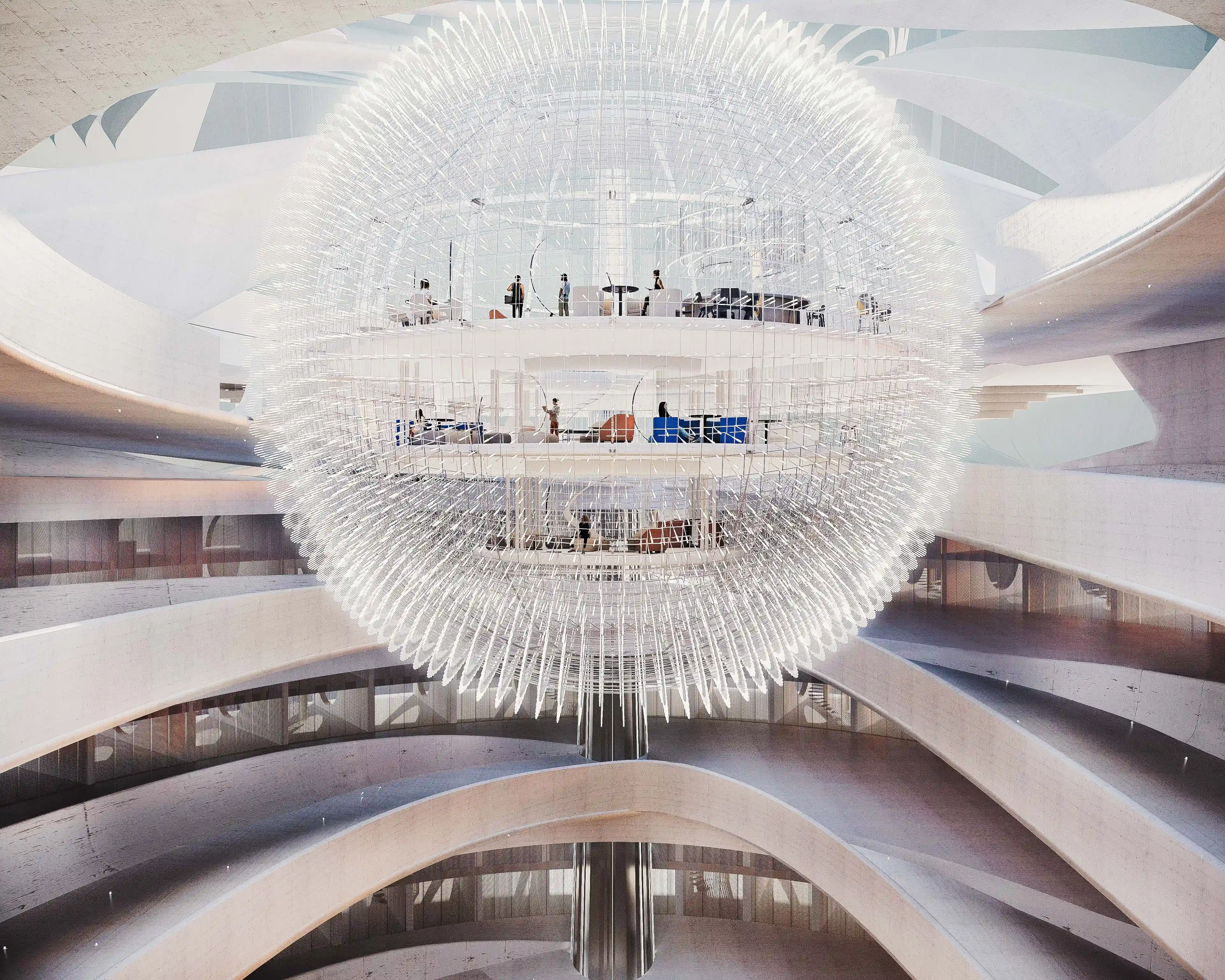 Daytime view of Arctic Hub atrium with translucent spherical centerpiece — architectural visualization by TOMA Studio.