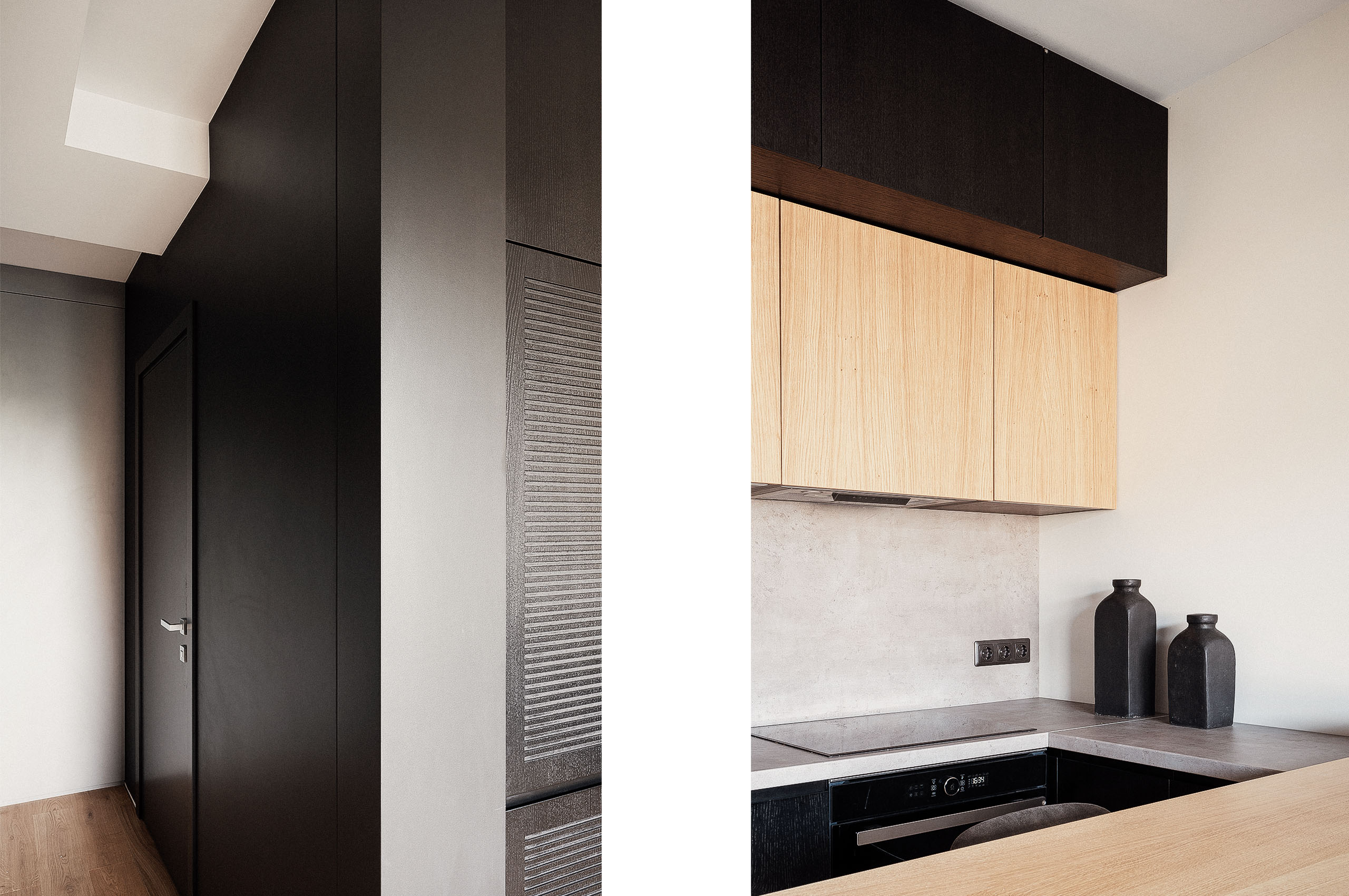 ide view of black built-in cabinetry combined with oak kitchen cabinets and a concrete countertop.
