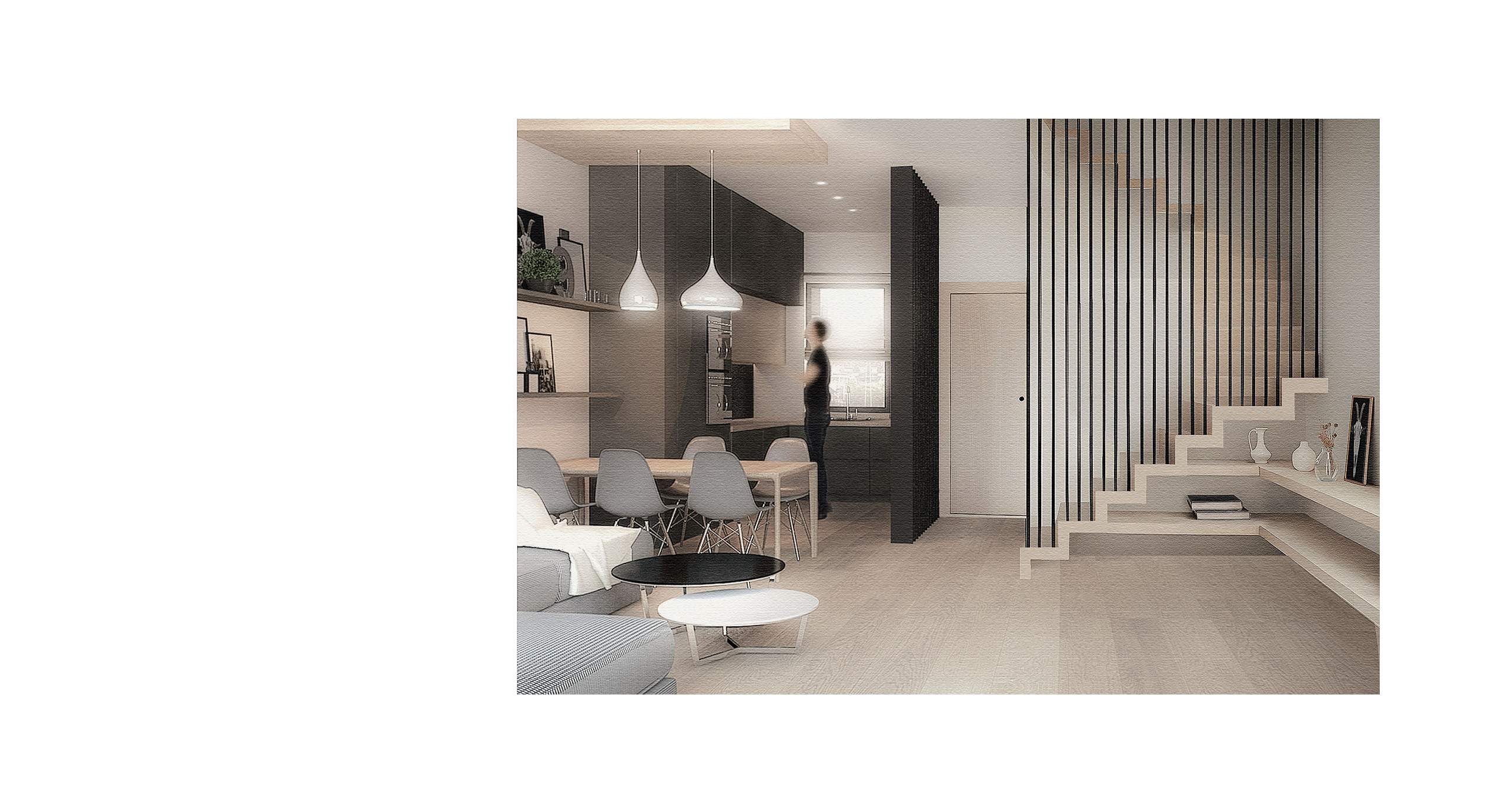 Modernes Wohnzimmer mit schwarzem Treppengeländer und beigen Farbtönen.