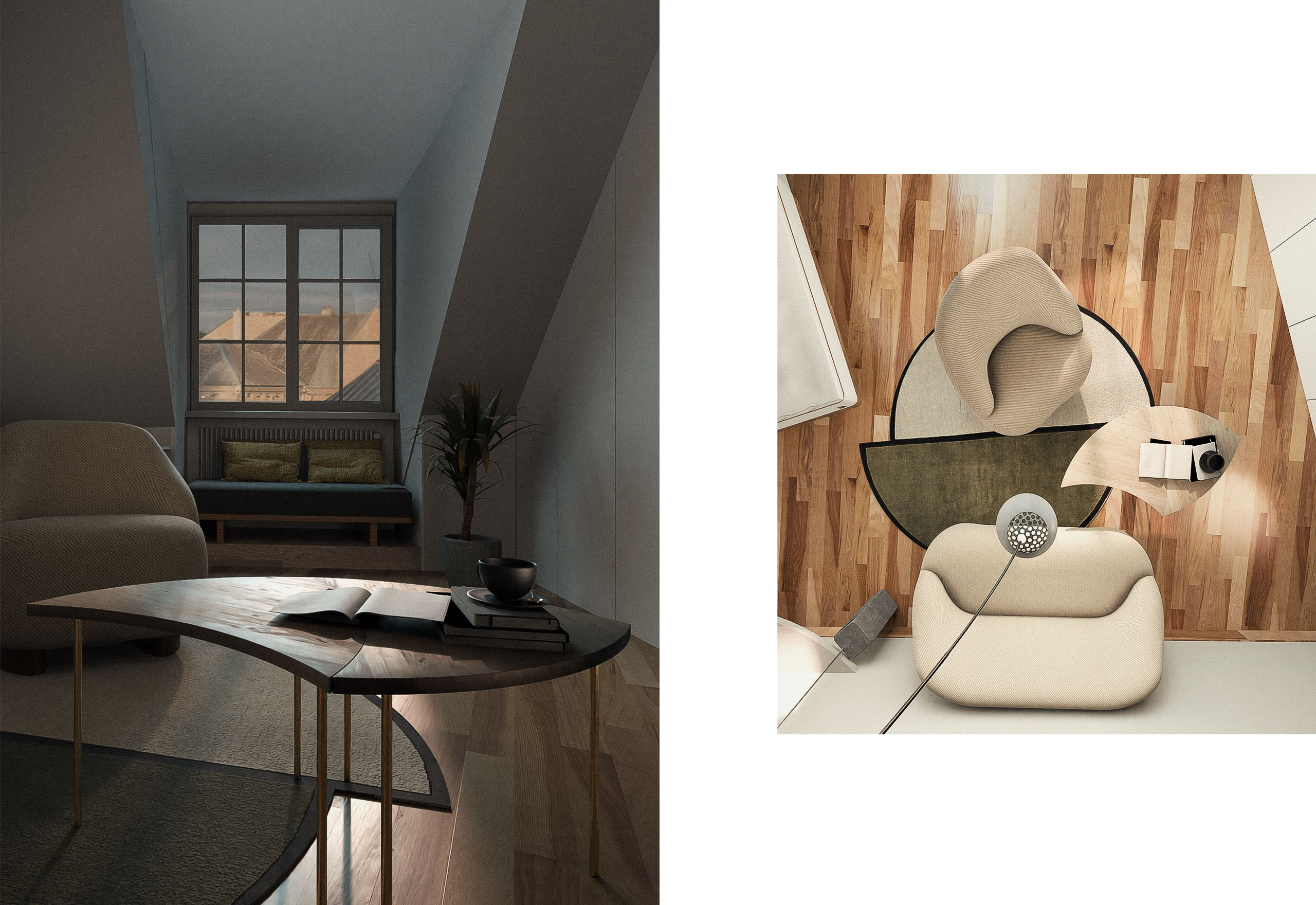 Gemütliches Dachzimmer mit weichem Licht und geschwungenem Tisch, kombiniert mit Draufsicht auf moderne Sitzmöbel und Teppiche.