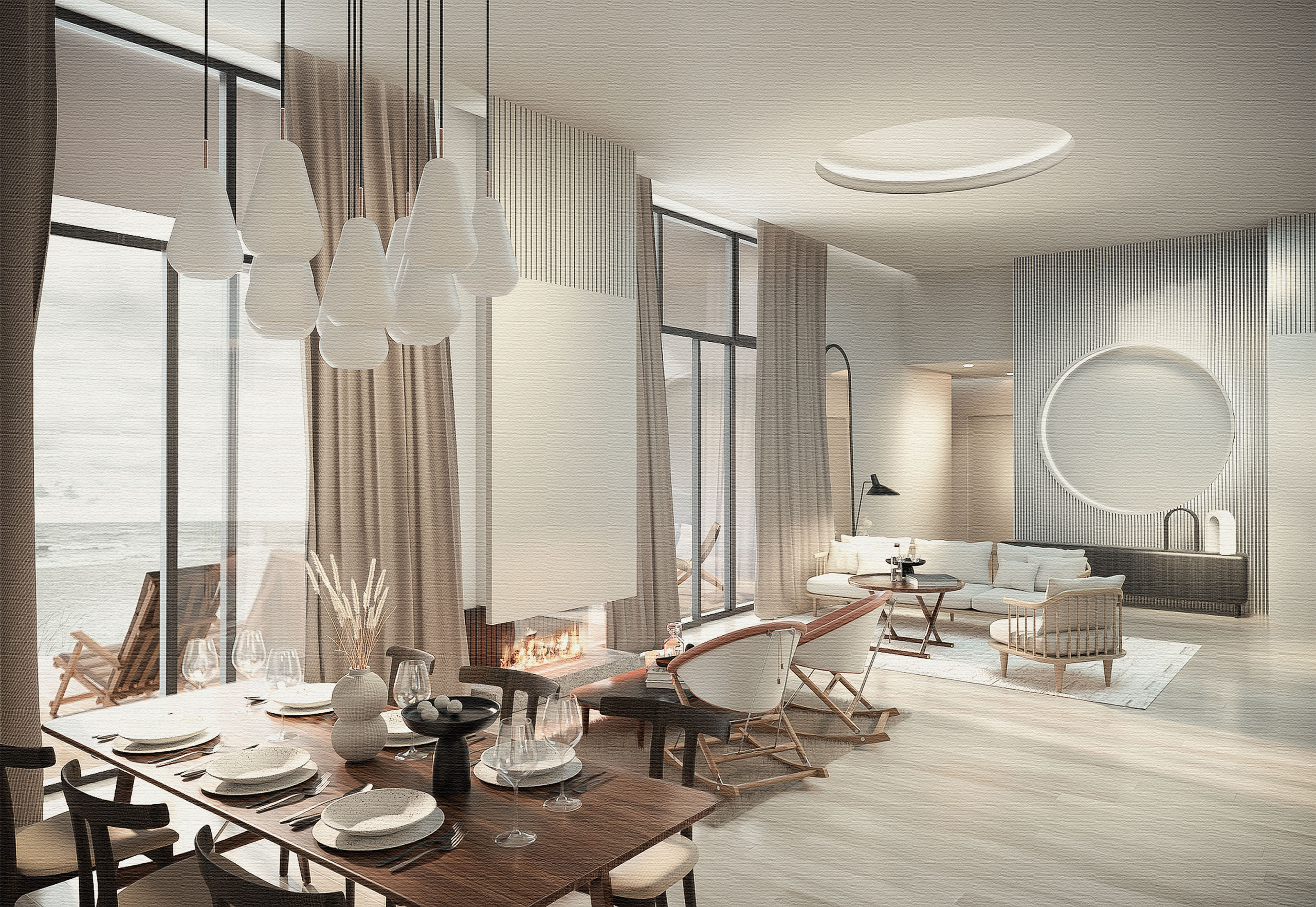 Offener Wohn- und Essbereich mit natürlichen Texturen und Meerblick — Interior-Design von TOMA Studio.