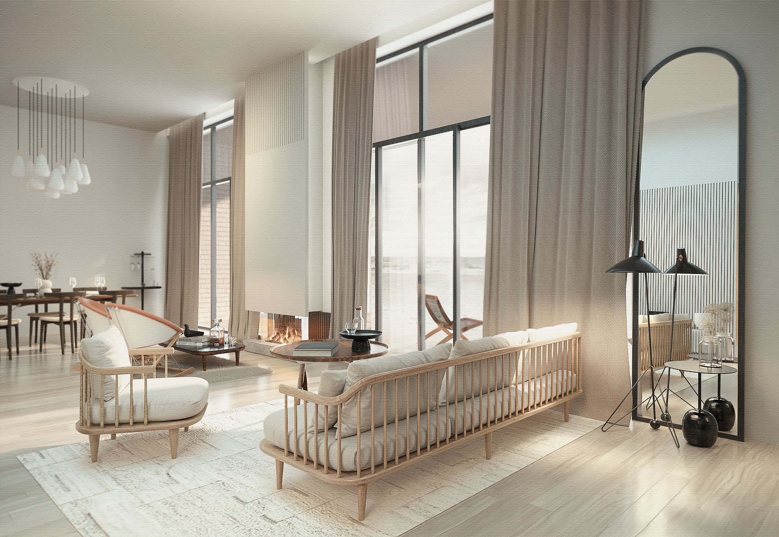 Sanftes Beige-Interieur mit Leinenvorhängen und Holzmöbeln — Visualisierung einer modernen Küstenresidenz von TOMA Studio.