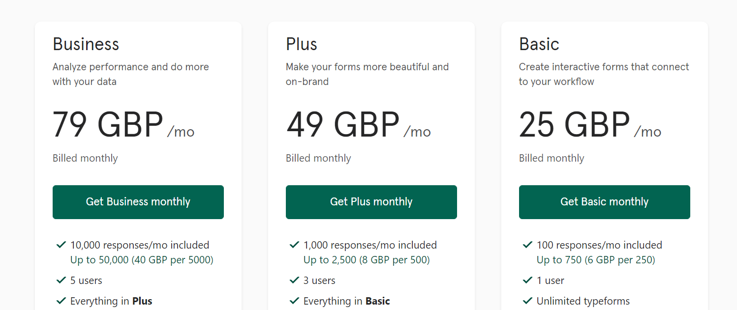 Typeform’s multiple plan choice…