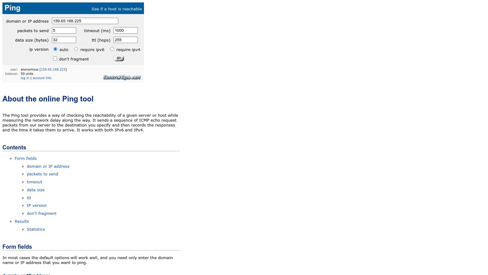 CentralOps.net Online Ping Tool