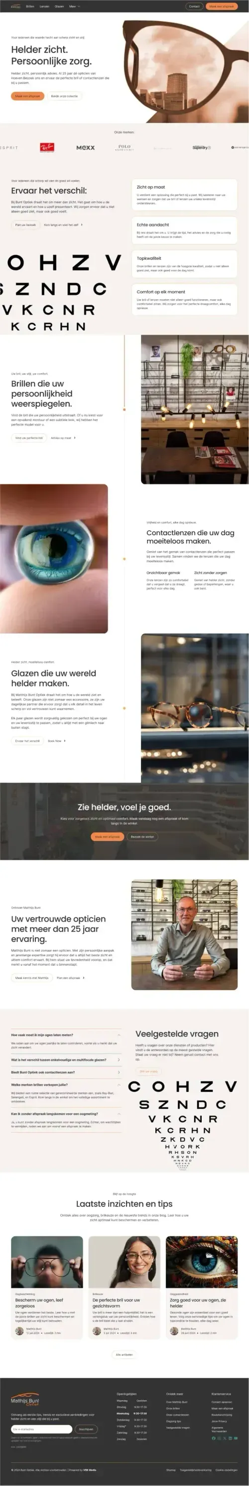 Screenshot of the Bunt Optiek website design, featuring the headline 'Helder zicht. Persoonlijke zorg.' with a modern aesthetic. Includes a large image of glasses framing a cityscape, emphasizing clarity and style. The design highlights their 25 years of expertise, a call-to-action to make an appointment or view the collection, and showcases popular brands like Ray-Ban and Polo Ralph Lauren. Below, sections emphasize personalized care and tailored vision solutions.