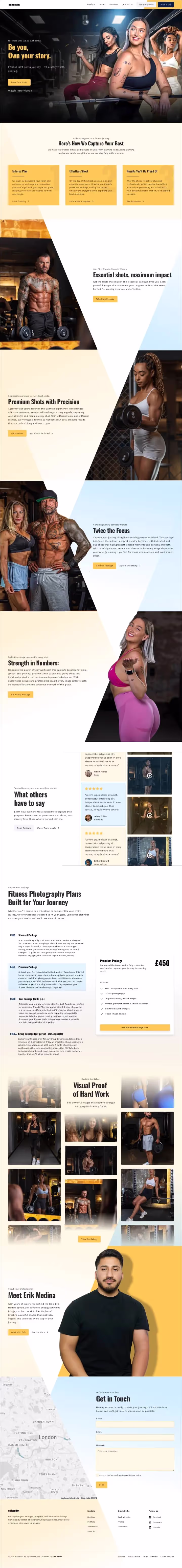 Screenshot of the editsedm website design, featuring a bold hero section with fitness models in a gym setting, emphasizing the tagline 'Be you, Own your story.' Includes a call-to-action button 'Book Your Shoot' and a 'Watch Intro Video' link. Below, the site explains the process of fitness photography with sections for 'Tailored Plan,' 'Effortless Shoot,' and 'Results You'll Be Proud Of,' designed for individuals on a fitness journey.