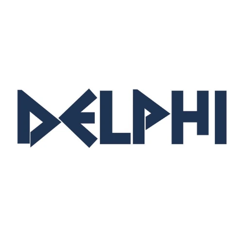 Logo van Delphi in moderne Griekse stijlletters