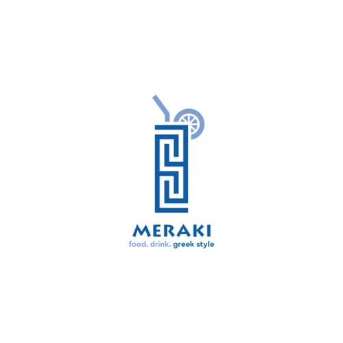 Logo van Meraki met Grieks patroon en cocktailglas