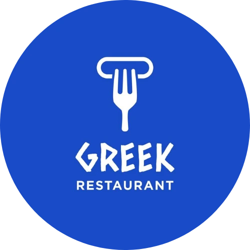 Logo van Grieks restaurant met vork en blauwe achtergrond