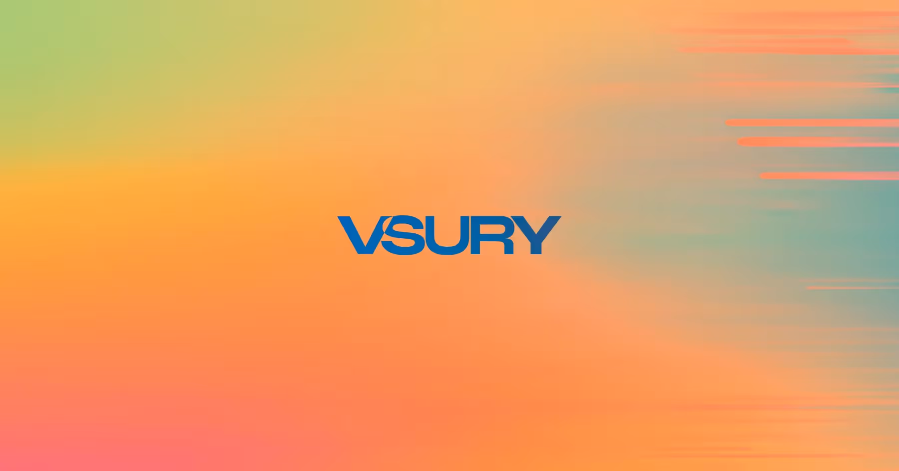 A vibrant gradient background featuring warm orange and coral tones transitioning to cool teal and green colors, creating an abstract geometric pattern with subtle horizontal lines and modern typography elements.