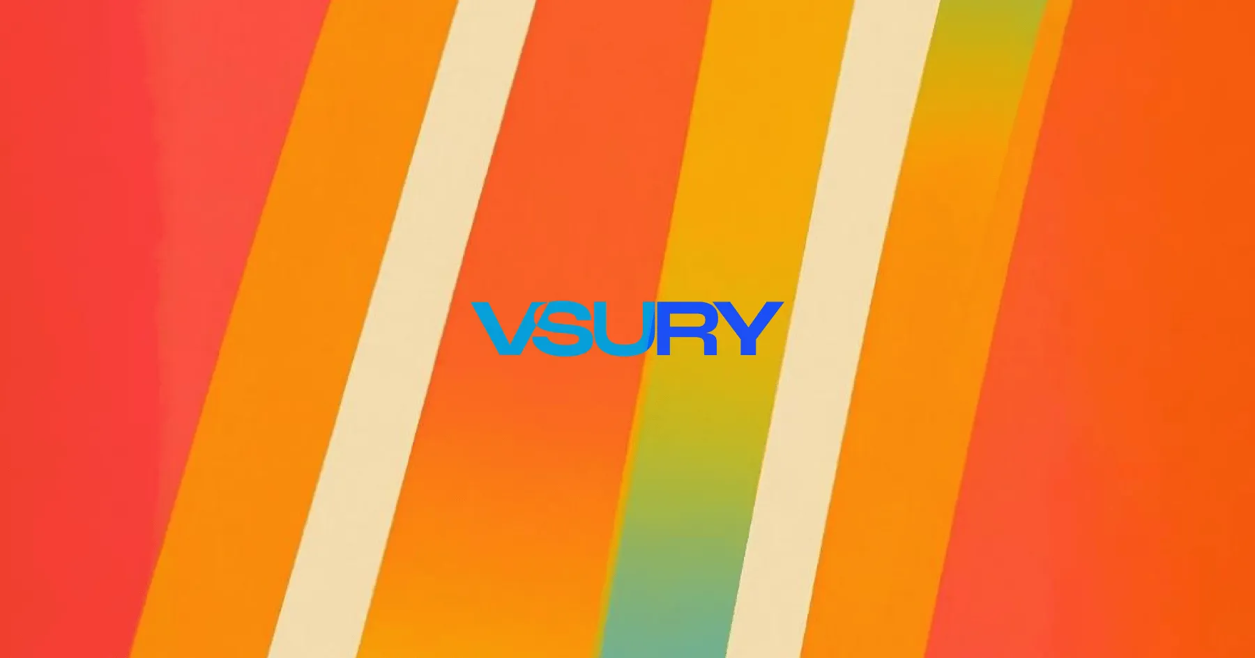 VSURY logo in bold blue text centered over a vibrant abstract background of red, orange, yellow, and green diagonal stripes.