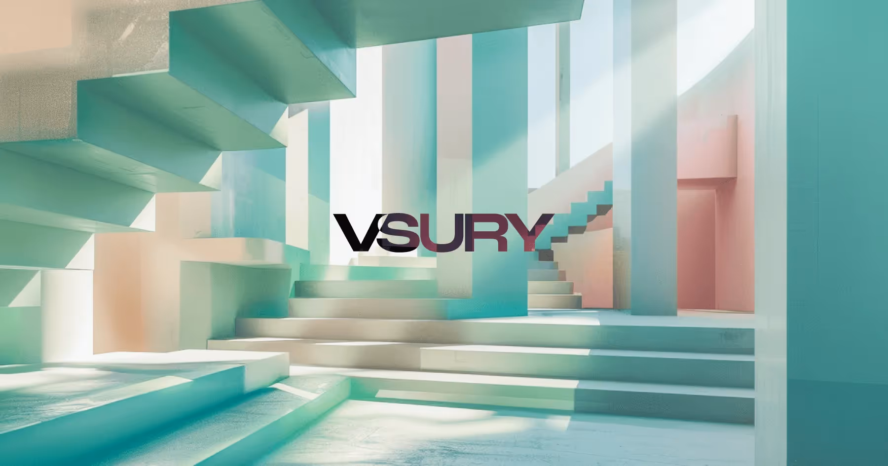 Abstract pastel staircase environment with VSURY logo in center