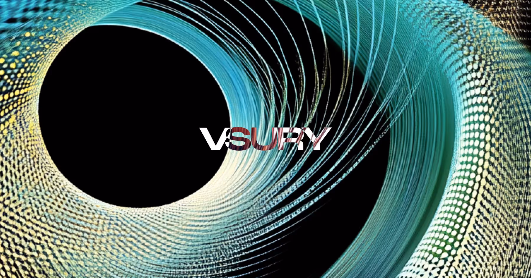 Abstract digital vortex of turquoise and yellow light trails swirling around a black center, with the VSURY logo overlayed in the middle.
